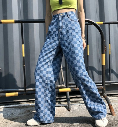 Loose blue check pants