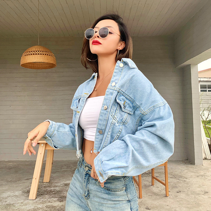 Cropped light blue denim jacket