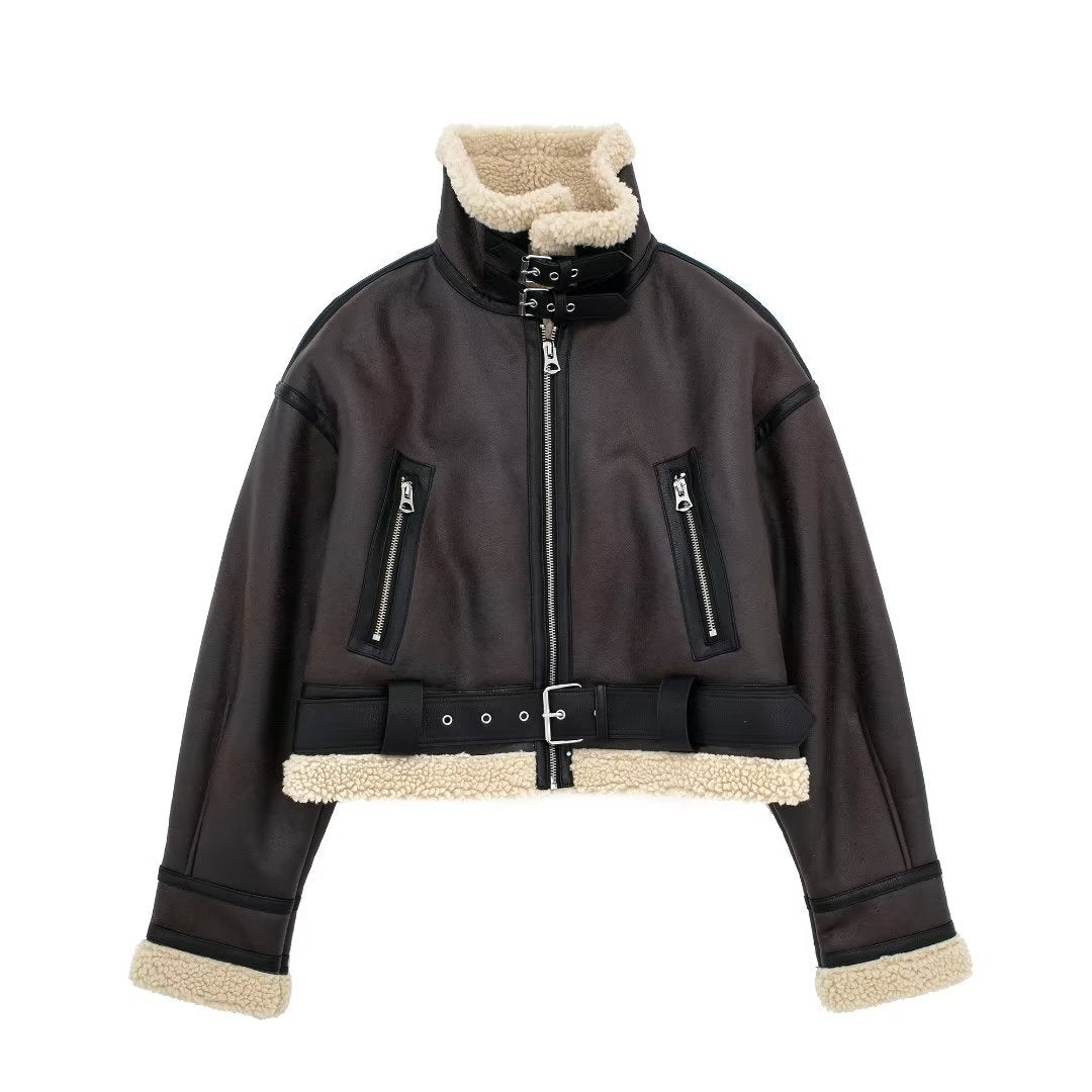 Faux leather double-faced jacket with belt