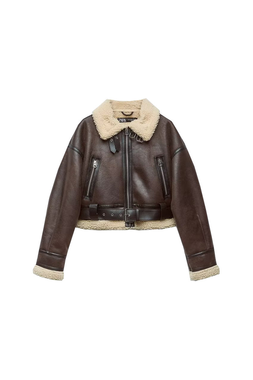 Faux leather double-faced jacket with belt